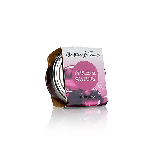 Potje met 50 g Les Perles Fruitkaviaar Framboos met parelgrootte van 5mm, kleine bolletjes