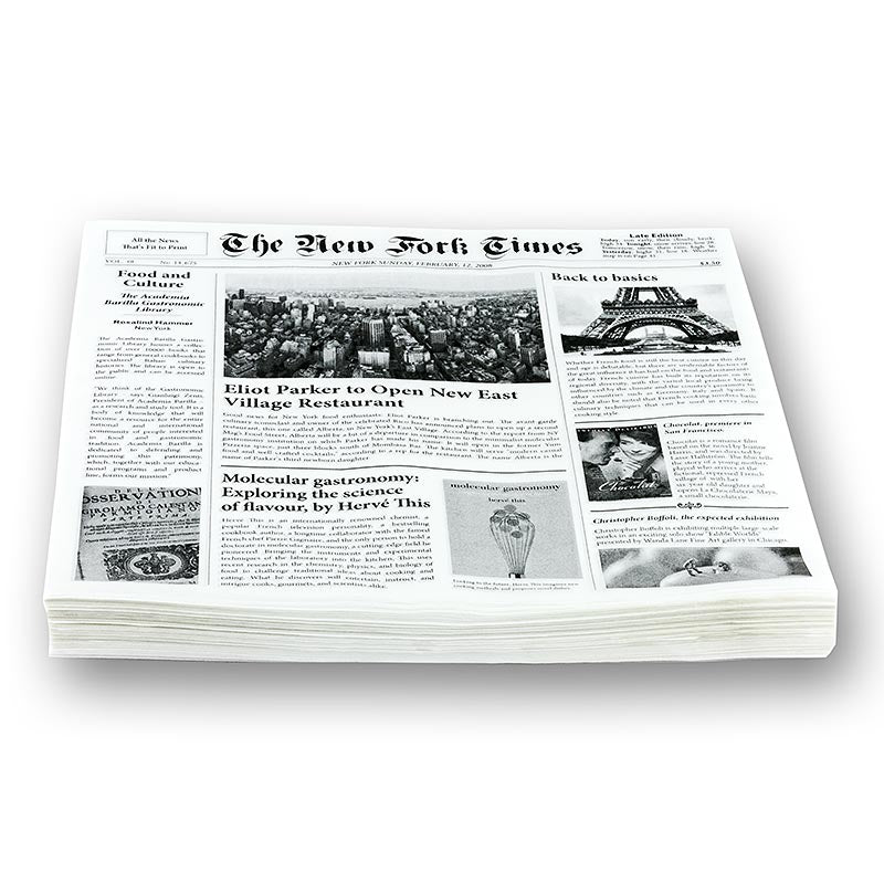 Single-use snack paper made from recycled newspaper, approximately 290x300mm, featuring New Fork Times design, 500 sheets