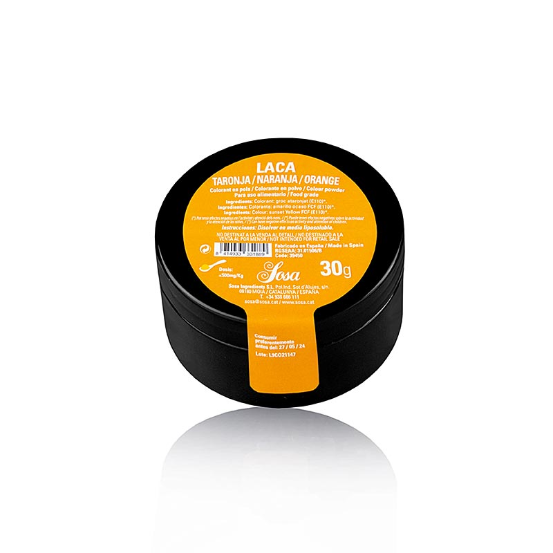 Vibrant orange, fat-soluble food coloring powder by Sosa, 30g packaging