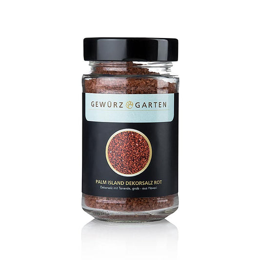 Spice Garden Palm Island Pacific zout, decoratief zout met rode klei, grof, Hawaï, 220 g - Een afbeelding van een 220 gram verpakking decoratief zout met rode klei, afkomstig uit Hawaï en geproduceerd door Spice Garden Palm Island Pacific