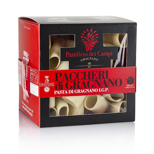 500g package of Pastificio dei Campi Nr55 Paccheri pasta, a halved cannelloni shape, made with Pasta di Gragnano, IGP/PDO certification