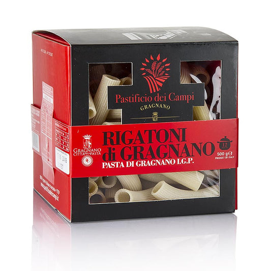 500g package of Pastificio dei Campi Nr28 Rigatoni, Pasta di Gragnano, IGP/PDO, made with traditional methods in Italy