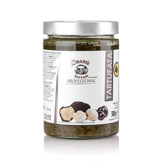 Zwarte truffelsaus gemaakt met zomertruffel van het merk Zigante Tartufi, verpakt in een pot van 500 g
