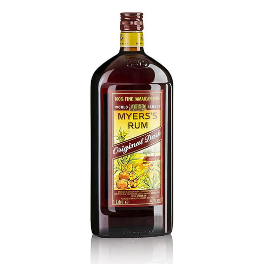 A bottle of Myers's Rum, 40% volume, 1 liter, a popular Caribbean rum known for its rich and smooth flavor profile