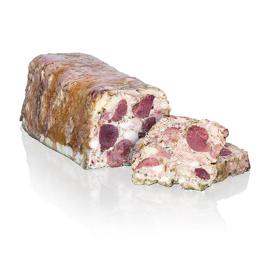  Close-up of Terrine van eendenvlees Vigneronne with chestnuts, trapeze, rougié, 1 kg in elegant packaging