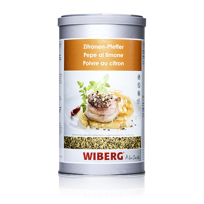 750 gram verpakking van Wiberg citroenpeper, kruidenmix, grof voor koken en bakken