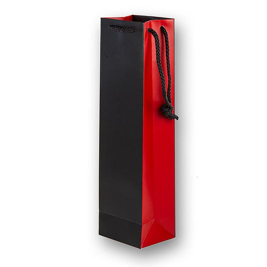 Wijngeschenktas van bruin en rood materiaal, geschikt voor 1 fles, afmetingen 360x100x80mm