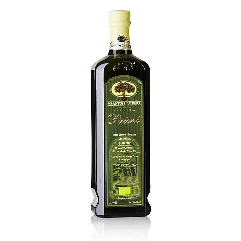 Biologische extra vierge olijfolie van de eerste persing van Frantoi Cutrera Primo uit Sicilië, in een fles van 750 ml