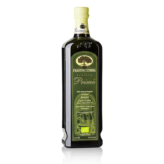 Biologische extra vierge olijfolie van de eerste persing van Frantoi Cutrera Primo uit Sicilië, in een fles van 750 ml