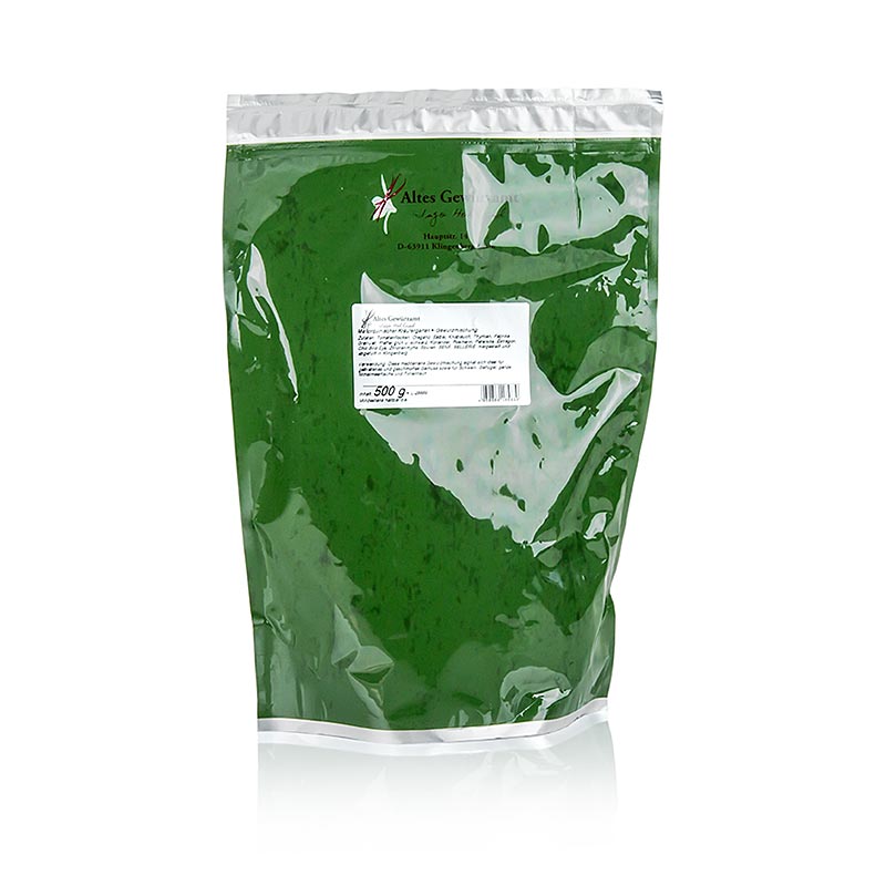Kruidentuin van Mallorca kruidenmix Altes Gewürzamt 500 g product image with colorful herb and spice ingredients on wooden background