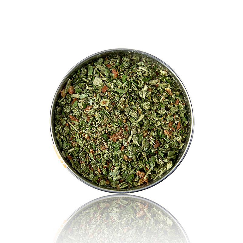 Close up of 500 g package of Kruidentuin van Mallorca kruidenmix Altes Gewürzamt with vibrant label and herbs