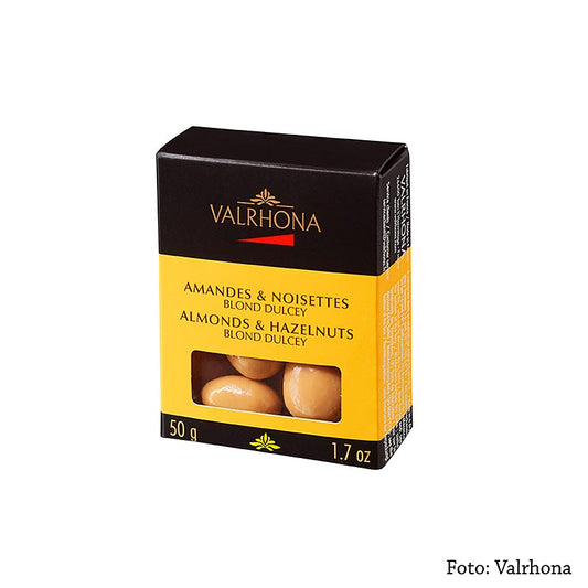 Valrhona Equinoxe-bolletjes - amandelen/hazelnoten in Dulcey-chocolade, 50 g