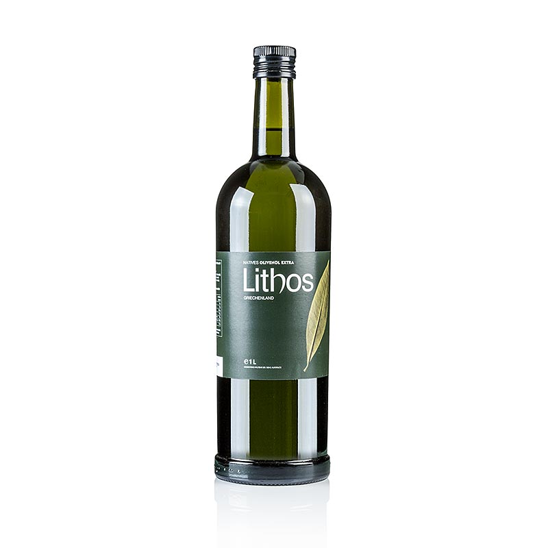 Foto van een fles Extra Virgin olijfolie van de eerste persing, Lithos, Peloponnesos, 1 liter, perfect voor het verrijken van salades en andere gerechten