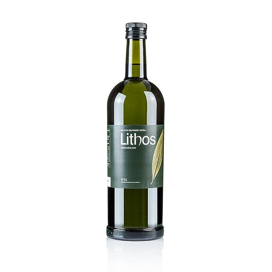 Foto van een fles Extra Virgin olijfolie van de eerste persing, Lithos, Peloponnesos, 1 liter, perfect voor het verrijken van salades en andere gerechten