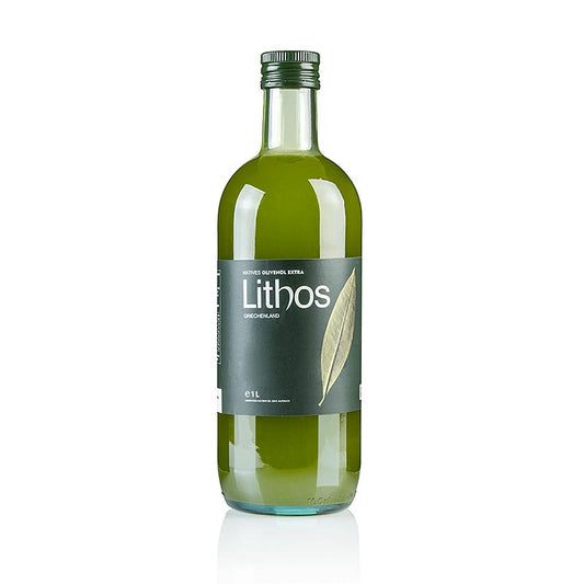 Organic extra virgin olive oil from first cold pressing, Lithos brand, early harvest, naturally cloudy, produced in Peloponnese, 1 liter bottle