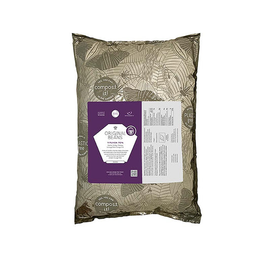 Organic 70% Cru Virunga Congo Bitter Chocolate Couverture Callets, made from original beans, in a 2 kg package