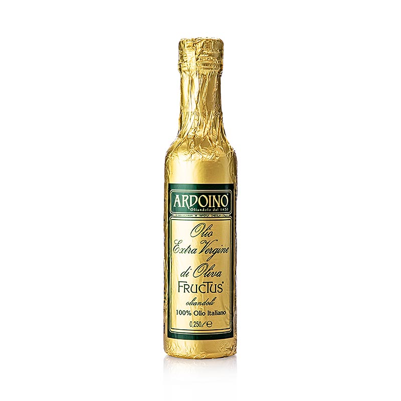 250 ml bottle of unfiltered Ardoino Fructus extra virgin first cold pressed olive oil in gold foil packaging