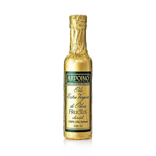 250 ml bottle of unfiltered Ardoino Fructus extra virgin first cold pressed olive oil in gold foil packaging