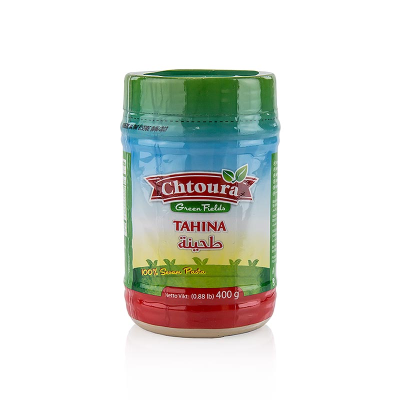 A 400g jar of Chtoura Tahini Sesame Paste, a popular Middle Eastern condiment made from ground sesame seeds, perfect for hummus and salad dressings