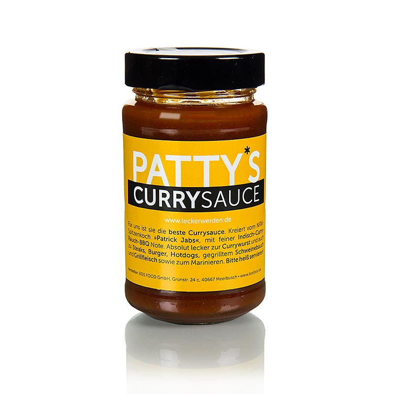 Glazen flesje van 225 ml met Patty's kerriesaus, ambachtelijk gemaakt door Patrick Jabs