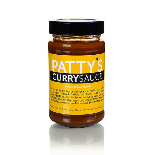 Glazen flesje van 225 ml met Patty's kerriesaus, ambachtelijk gemaakt door Patrick Jabs