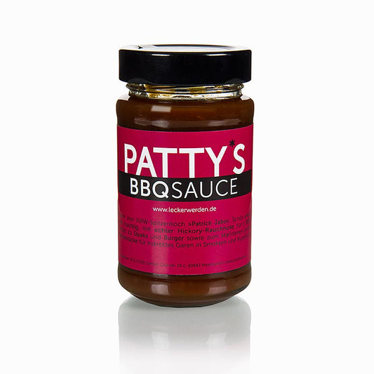 Patty's BBQ Saus, een heerlijke barbecuesaus gemaakt door Patrick Jabs, in een handige fles van 225 ml