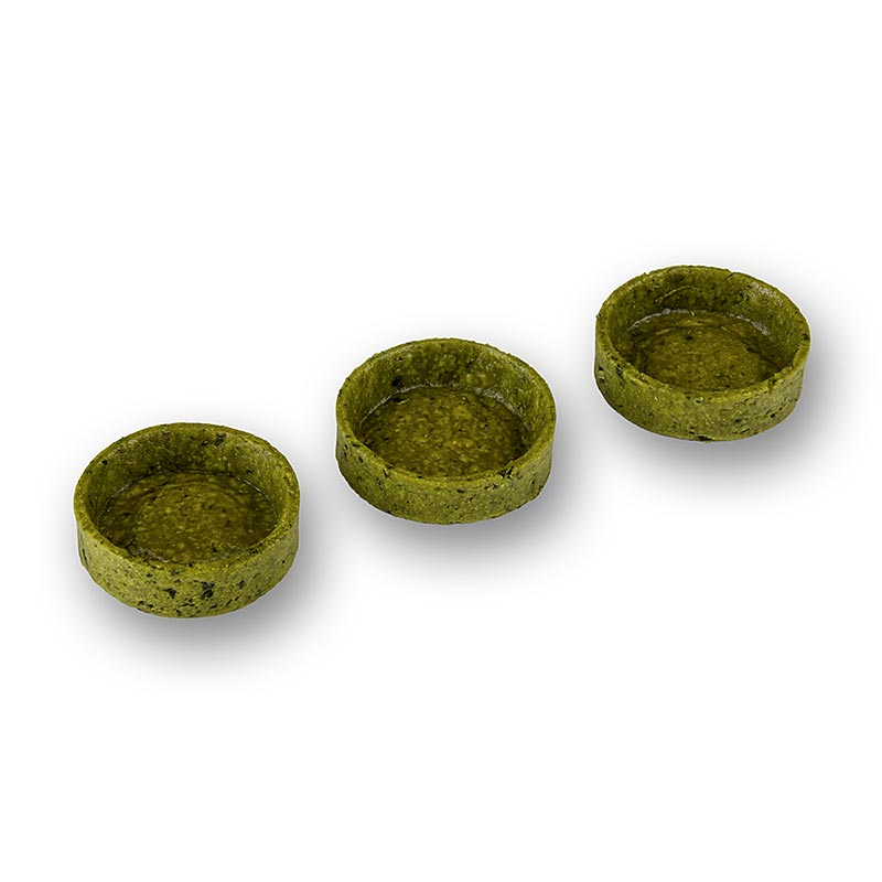 Delicious and crispy Slim Line Snack Tartelettes with basilicum coating, 35mm diameter and 10mm height, totaling 840g, in a pack of 210 pieces