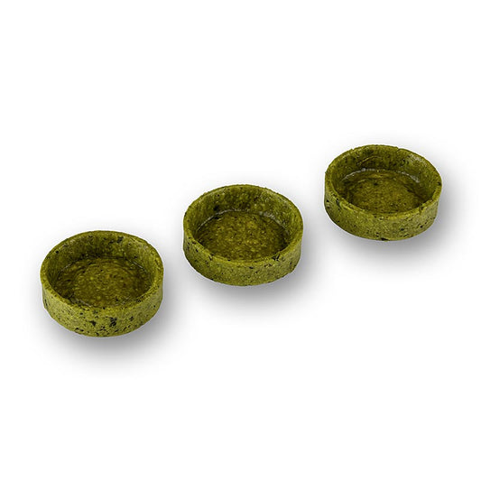 Delicious and crispy Slim Line Snack Tartelettes with basilicum coating, 35mm diameter and 10mm height, totaling 840g, in a pack of 210 pieces