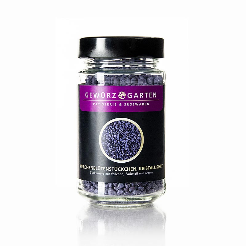 A close-up image of Gewürzgarten viooltjesbloesem stukjes, gekristalliseerd, 140 g product packaging with vibrant purple and green colors, showcasing the crystallized violet blossom pieces inside the 140 g container