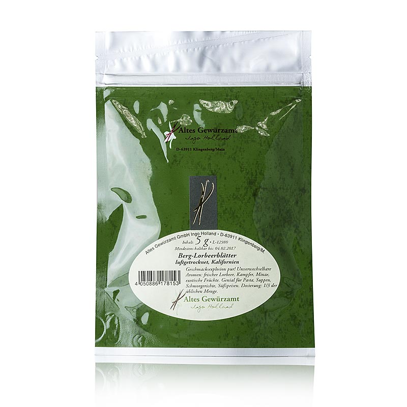 Berg laurierblaadjes, luchtgedroogd, Altes Gewürzamt, 5 g - aromatic and flavorful dried bay leaves from Altes Gewürzamt