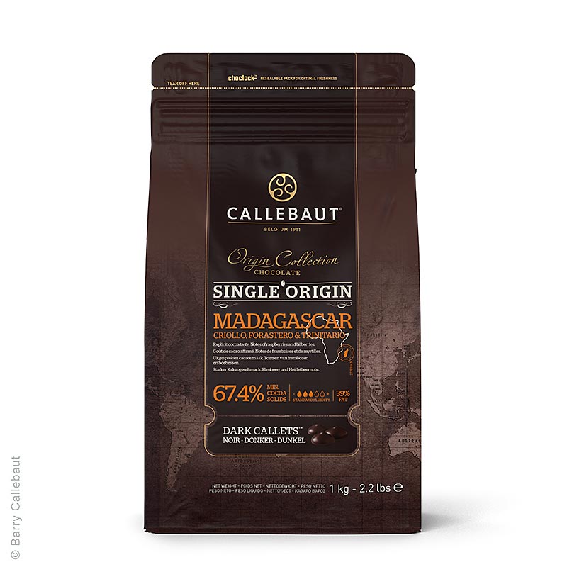 Origine Madagascar, donkere couverture, callets, 67,4% cacao, 2,5 kg