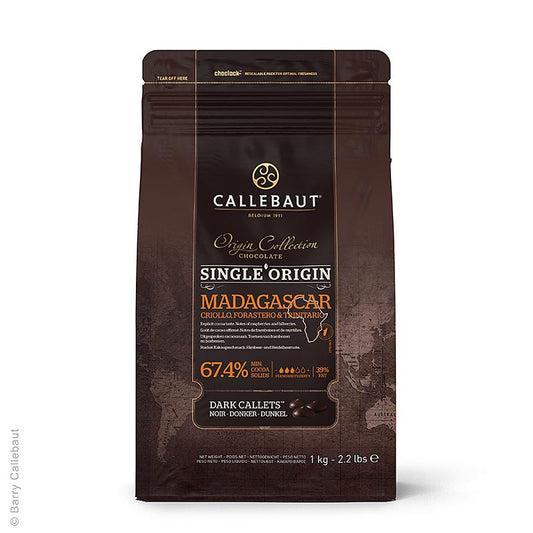 Origine Madagascar, donkere couverture, callets, 67,4% cacao, 2,5 kg