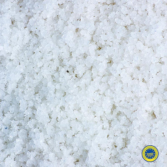 A 1 kg bag of Fleur de Sel salt from Guerande, France, certified by BGA and produced by TradySel
