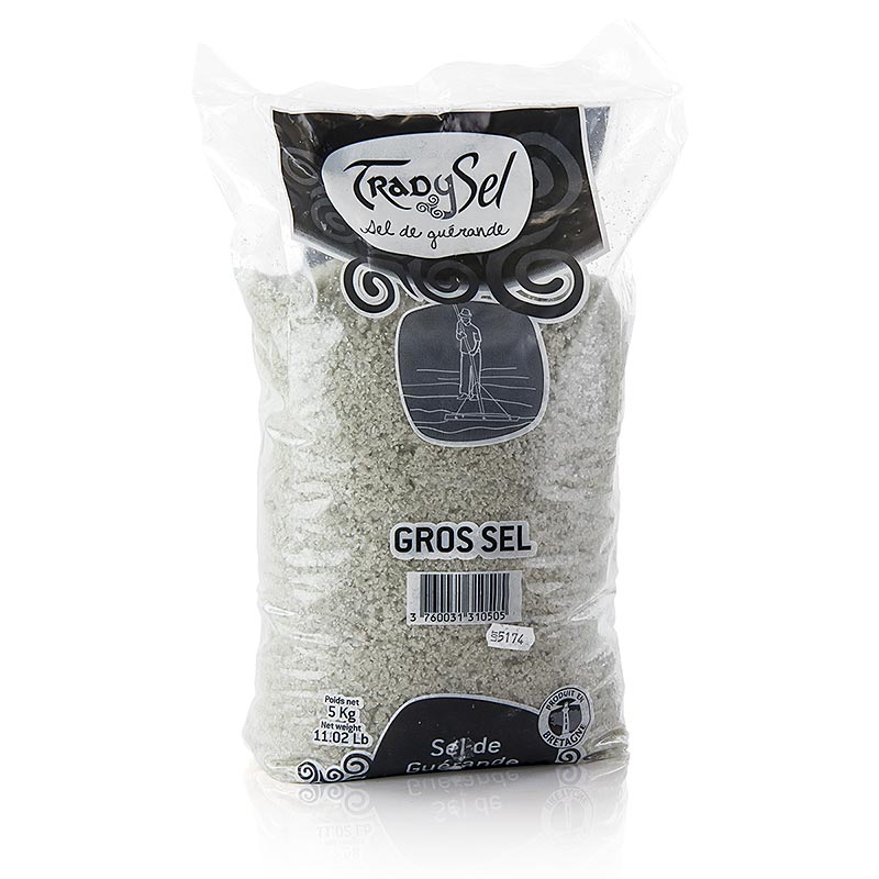 Zeezout afkomstig uit Guerande, Frankrijk, grof van structuur, grijs van kleur, vochtig, 5 kg verpakking