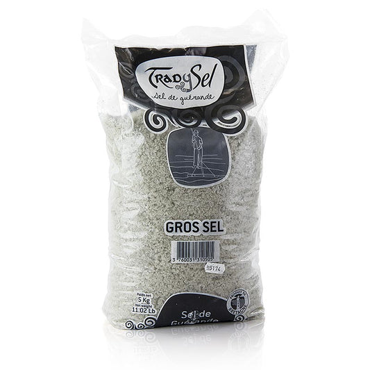Zeezout afkomstig uit Guerande, Frankrijk, grof van structuur, grijs van kleur, vochtig, 5 kg verpakking