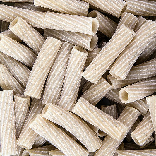 Long, hollow pasta tubes made from durum wheat semolina with added wheat germ from Morelli 1860 brand
