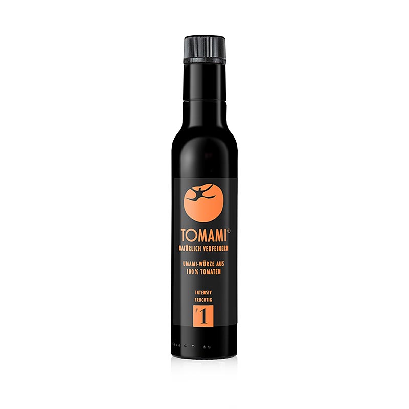 Alt text: Tomami Umami tomatenconcentraat nr 1, intens fruitig, 240 ml, rich tomato flavor for enhancing dishes, in a convenient 240 ml bottle