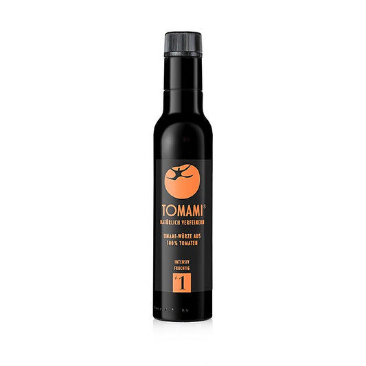 Alt text: Tomami Umami tomatenconcentraat nr 1, intens fruitig, 240 ml, rich tomato flavor for enhancing dishes, in a convenient 240 ml bottle