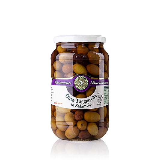 Olijvenmix van groene en zwarte Taggiasca olijven, met pit, in pekel, Venturino, 500 g - Afbeelding van product met olijvenmix met gedetailleerde beschrijving