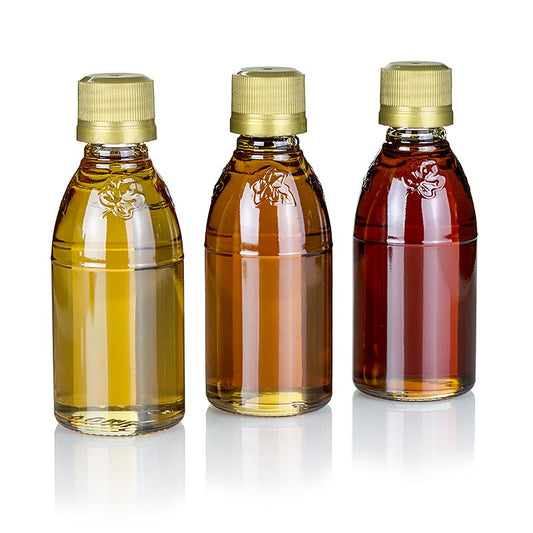  Set van 3 flessen Ahornsiroop A Grade in gouden, amber en donkere kleur, elk 50 ml