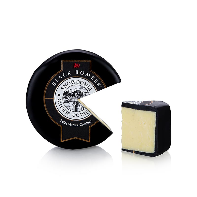 Snowdonia - Little Black Bomber, gerijpte cheddarkaas, zwarte was, 200 g - Een afbeelding van een 200g verpakking van de gerijpte cheddarkaas genaamd Little Black Bomber uit Snowdonia, omhuld in zwarte was