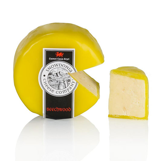 Snowdonia Beechwood Smoked cheddar cheese, with a golden wax coating, 200 g, beautifully presented in an image