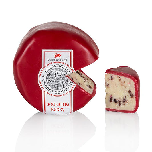 Snowdonia - Bouncing Berry, cheddarkaas met cranberry, rode was, 200 g - Een heerlijke kaas met een mix van cheddar en cranberry, verpakt in rode was, 200 gram