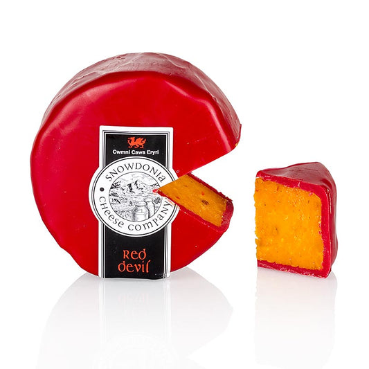 Rode Snowdonia kaas genaamd Red Devil, met peper en chili, rode was, 200 g, perfect voor kaasliefhebbers