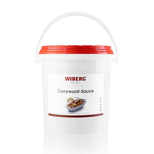 Zes kilogram verpakking van WIBERG curryworstsaus, perfect voor gebruik in grote keukens of horecabedrijven