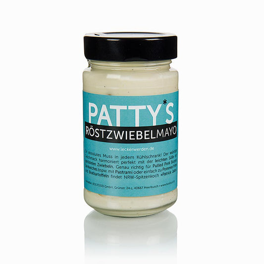 Close-up van een pot Patty's geroosterde uienmayonaise, gemaakt door Patrick Jabs, 225 ml, een heerlijke en ambachtelijke mayonaise met geroosterde uien, perfect voor bij snacks en gerechten
