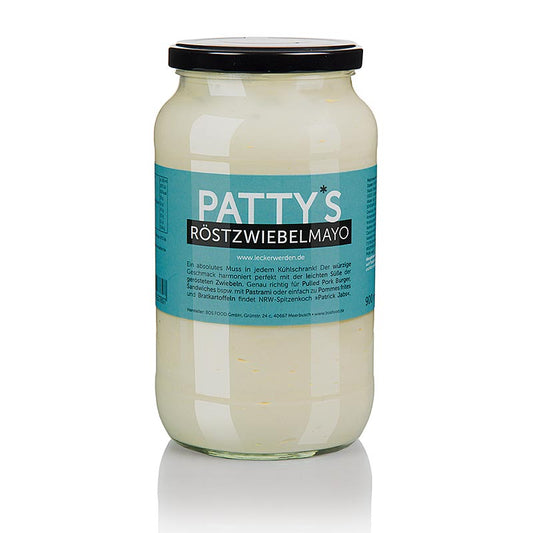 Patty's geroosterde uienmayonaise, gemaakt door Patrick Jabs, 900 ml, a creamy and flavorful condiment perfect for sandwiches and dipping