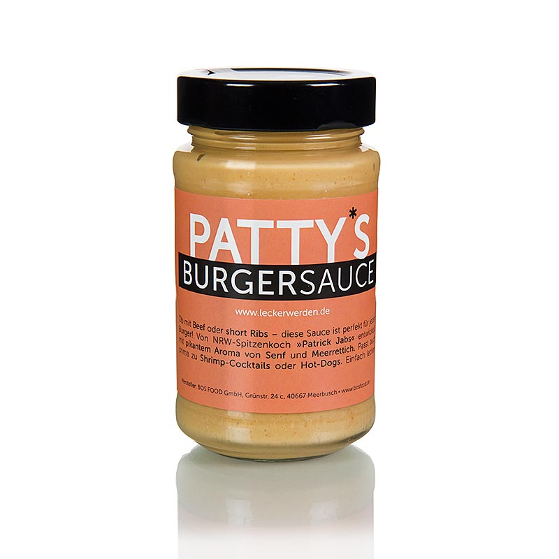 Hamburgersaus met een heerlijke smaak, gemaakt door Patrick Jabs, in een fles van 225 ml