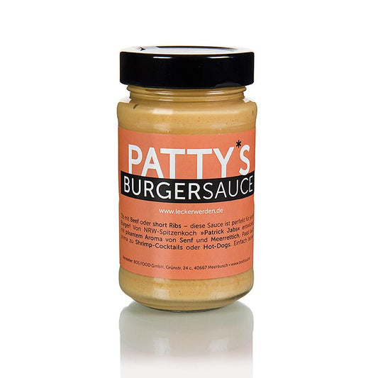 Hamburgersaus met een heerlijke smaak, gemaakt door Patrick Jabs, in een fles van 225 ml