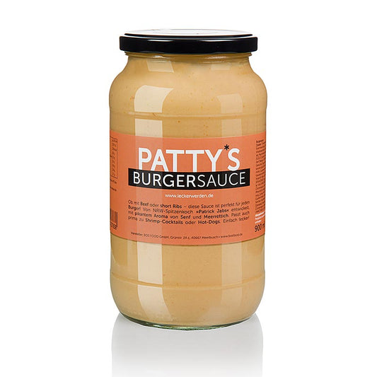Patty's hamburgersaus, gemaakt door Patrick Jabs, 900 ml - een smakelijke en veelzijdige saus perfect voor het op smaak brengen van hamburgers en andere gerechten